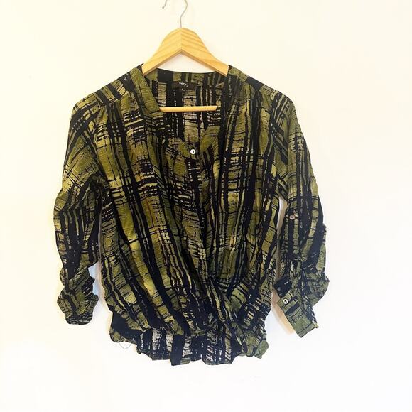 Green and Navy Blouse sz S Long sleeve draped front V-neck - Picture 1 of 7